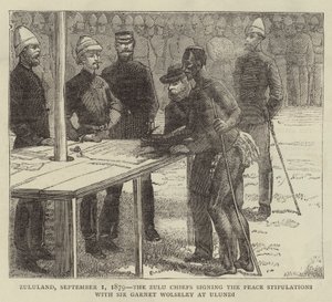 Zululand, 1. september 1879, Zulu-høvdingene underskrev fredsbestemmelserne med Sir Garnet Wolseley i Ulundi af English School